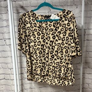 Leopard Print V-Neck Blouse - Beige/Black